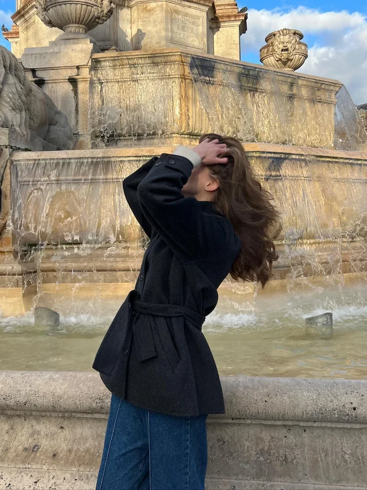 Женское однобортное шерстяное пальто элегантная однотонная куртка на шнуровке с