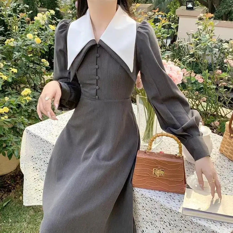 

Woman Peter Pan Collar Streetwear Long Sleeve Dress Female Party Tight Fitting Autumn Solid Ankle-length Casual Dresses G227