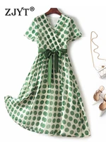 zjyt elegant designer polka dot print chiffon dresses for women summer 2022 short sleeve holiday party vestidos fashion green