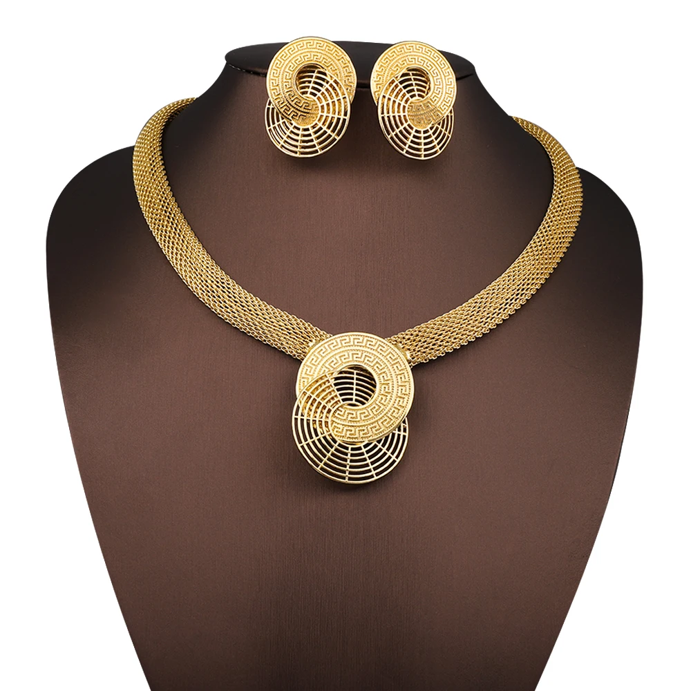 

Luxury Designer Round Pendants Flat Necklace Earring Gold Color Jewelry Set Dubai African Nigerian Women Wedding Party Gifts