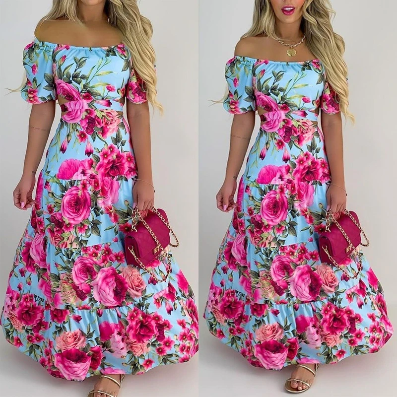 Женское повседневное шикарное платье-макси трапеция с воротником-лодочкой и