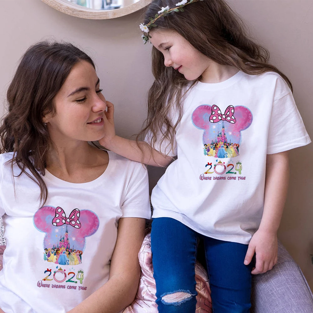 

Disney Princess Minnie Print Aesthetic Clothes 2024 Mother and Daughter Sweet Style T-shirts Fashion Trend Disneyland T Shirt