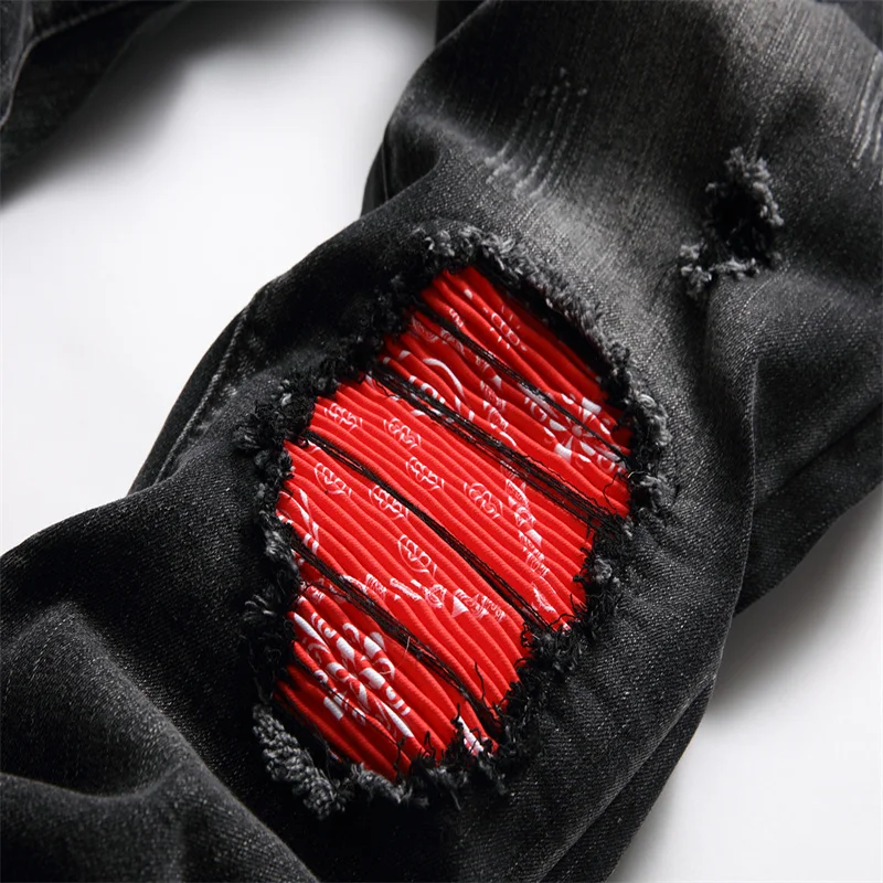 New Autumn Mens Clothing Vintage Black Holes Ripped Motorcycle Casual Pleated Torn Stretch Denim Slim Pants Trousers Biker Jeans