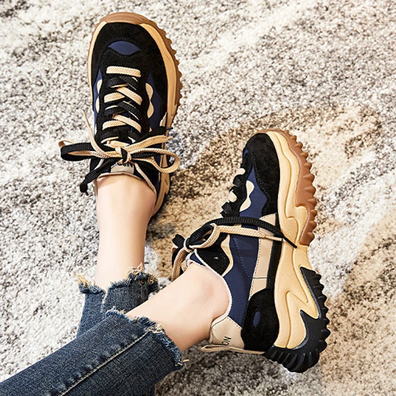 Autuspin Women's Spring Sport Shoes Genuine Leather Platform Vulcanized Sneakers Female Outdoor Lace Up Retro Casual Shoes Woman