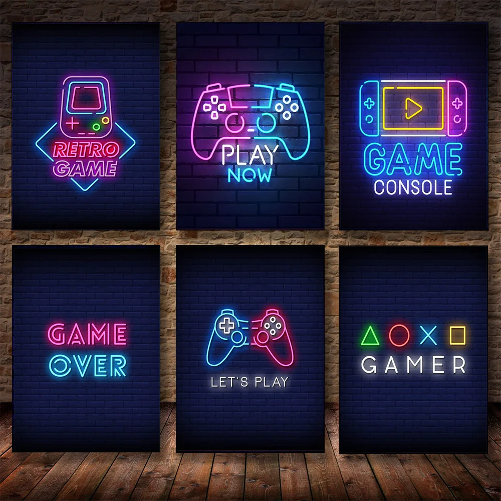 

Eat Sleep Game Repeat Neon Poster and Prints Gamer Canvas Art Paintings Gamepad Wall Art Picture for Playroom Home Decoration