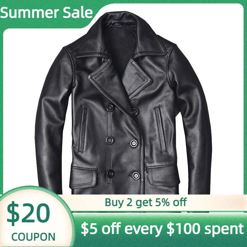 

2022 черная длинная Повседневная стильная мужская куртка из натуральной кожи, двубортная, большой размер 5XL, Натуральная Воловья кожа, осенне...