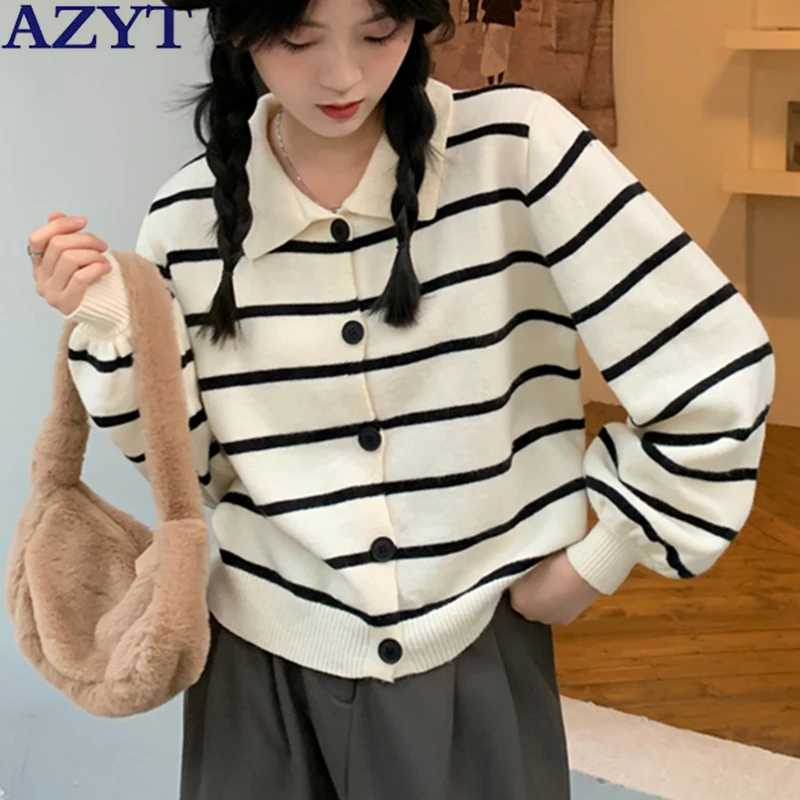 

Женский кардиган в полоску AZYT, повседневный трикотажный кардиган с отложным воротником, весна 2022