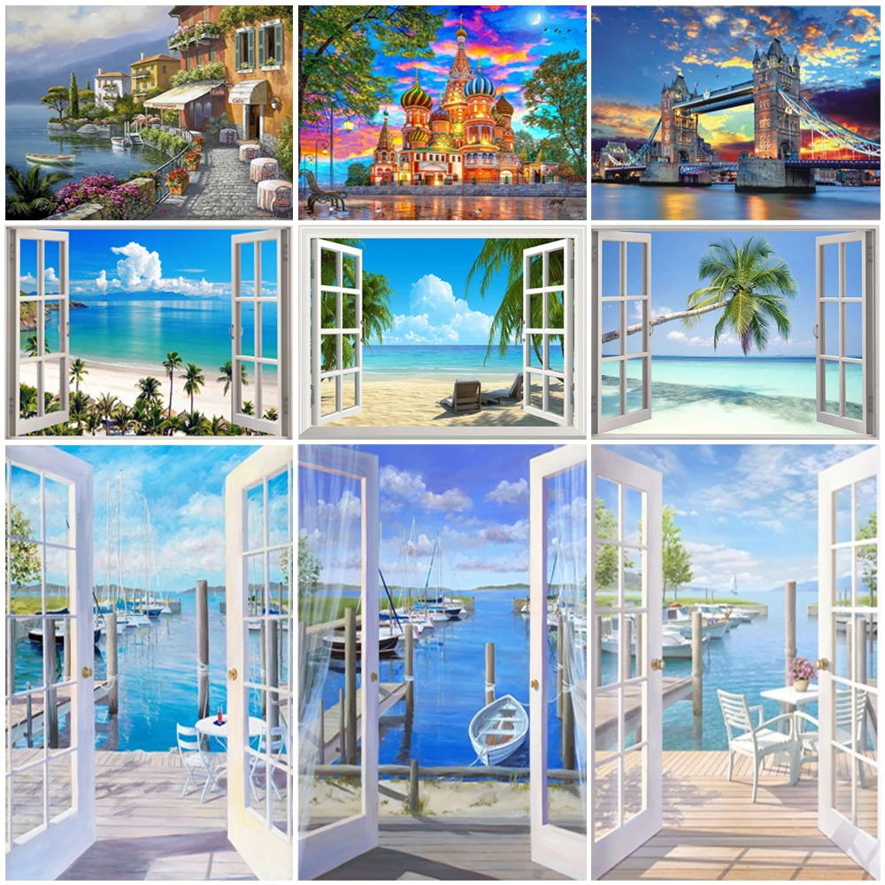 

5D DIY Diamond Painting Window Sea Landscape Set Cross Stitch Full Drill Diamond Embroidery Mosaic Picture of Rhinestones Gift