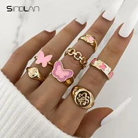 sindlan 7pcs kpop butterfly gold matching rings for women cute romantic portrait set za female y2k fashion jewelry anillos mujer