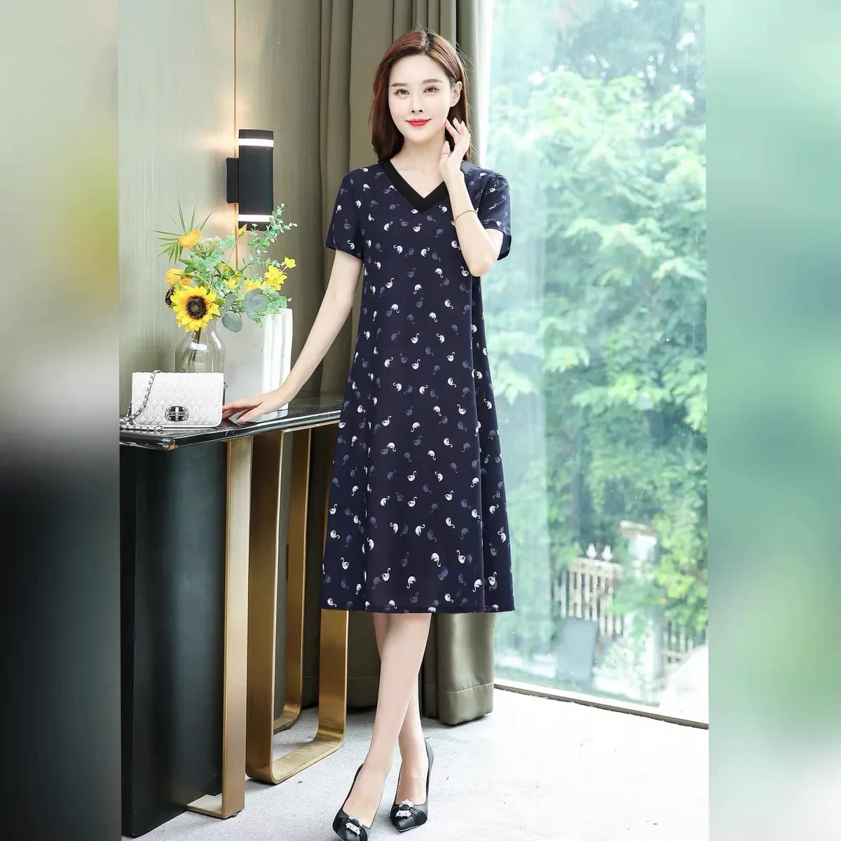 Стройнящие Платья с коротким рукавом и принтом свободные платья средней длины