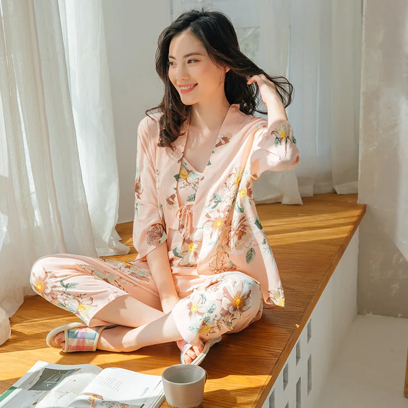 Pajamas Ladies Cotton  Long-sleeved Spring, Summer and Autumn Sexy Suspenders Three-piece Japanese Outerwear Home Service Suit