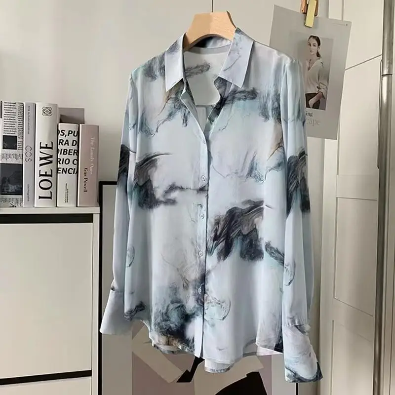 

Женская рубашка с чернильным принтом, Свободный Топ с длинным рукавом и защитой от солнца, 2023