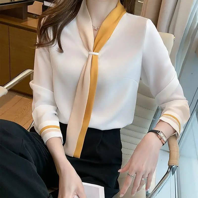 

3XL Spring Autumn Retro Suit Collar Lacing Chiffon Long Sleeve Bottoming Shirt Womens Tops Blouses Office Ladies Shirt Women
