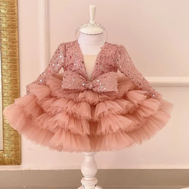 

Wedding Baby Girls V-neck Princess bow Tutu cake Dress Sequin fluffy Girls Birthday Party Dress Children Kids Perform Costume