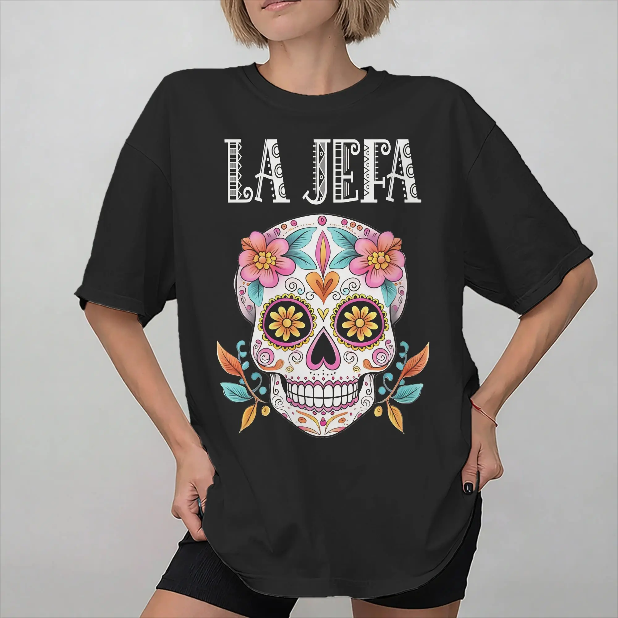 Фото Футболка с принтом La Jefa Día De Muertos Mexican Skull Day Of The Dead для мужчин и женщин, хлопковая футболка, одежда №1