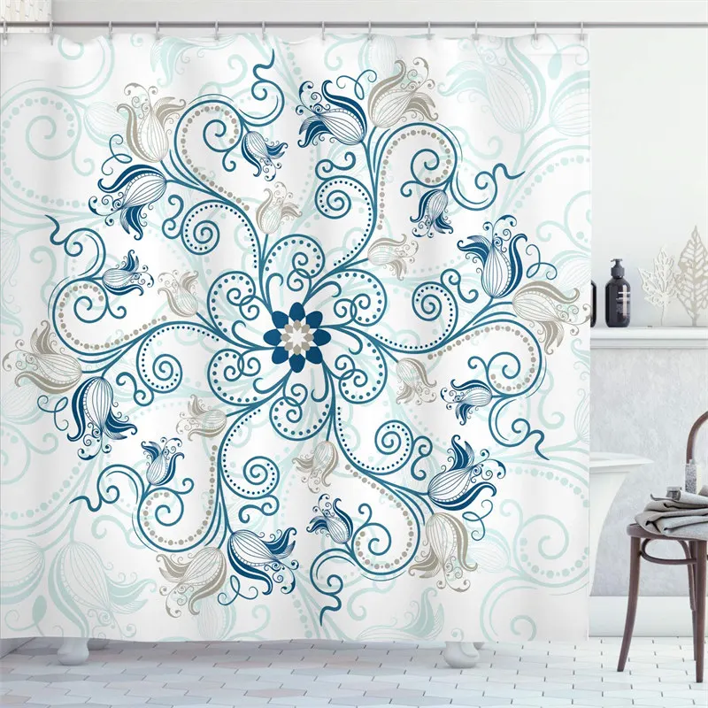 

Modern Mandala Shower Curtain Boho Round Flower Bath Curtain Waterproof Polyester Classical Vintage Floral Shower Curtain Liner