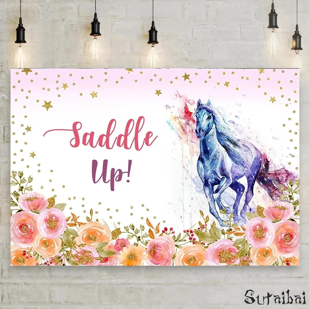 

Horse Party Backdrop Glitter Flower Photo Background Saddle Up Western Cowgirl Birthday Baby Shower Banner Decor Phot Booth Prop