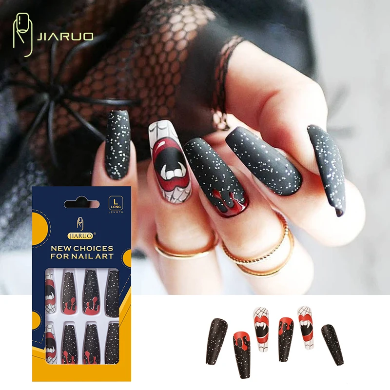 

JIARUO 24PCS/BOX Long Press on Nails Coffin Fake Nail Y2k Red Blood Vampire Spider Web Halloween Nails Full Coverage Nail Patch