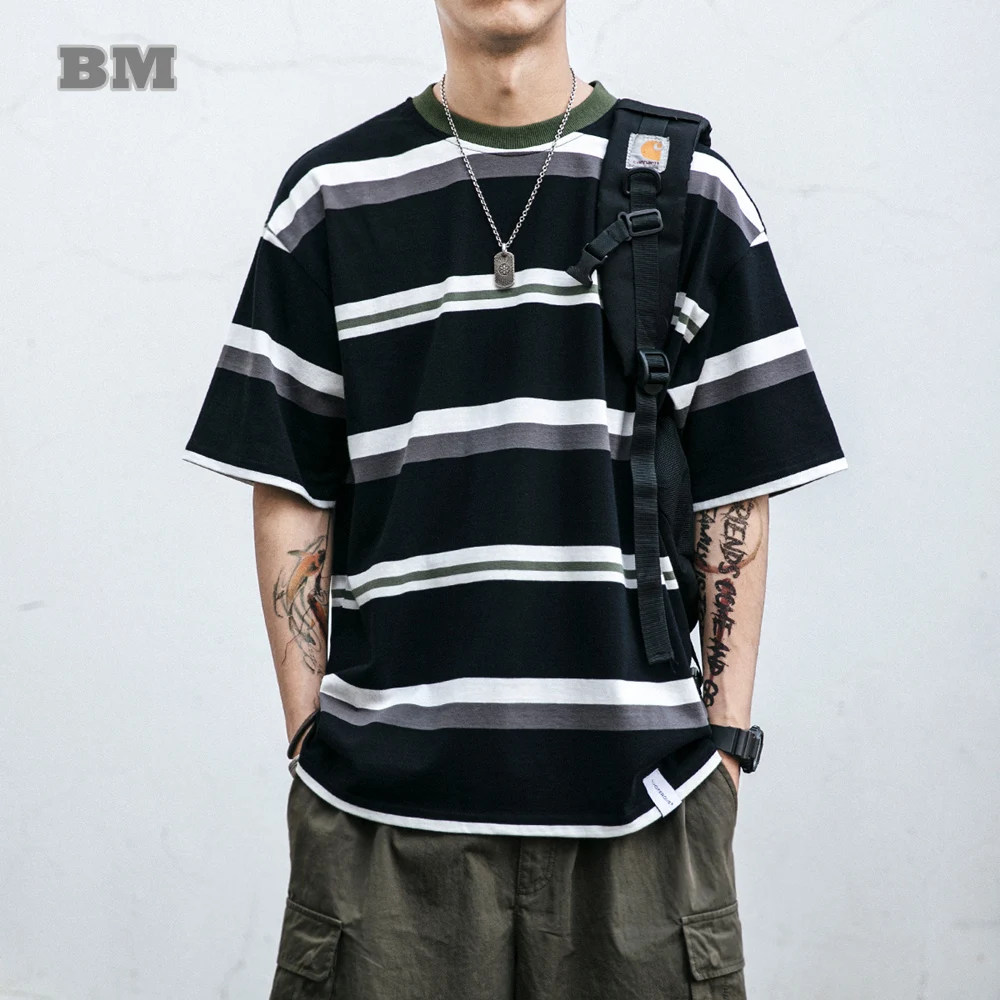 

Japanese Couple Clothes Summer Classic Black White Striped T-Shirt 2022 Streetwear Loose Harajuku Short Sleeve Fashion Tops Men