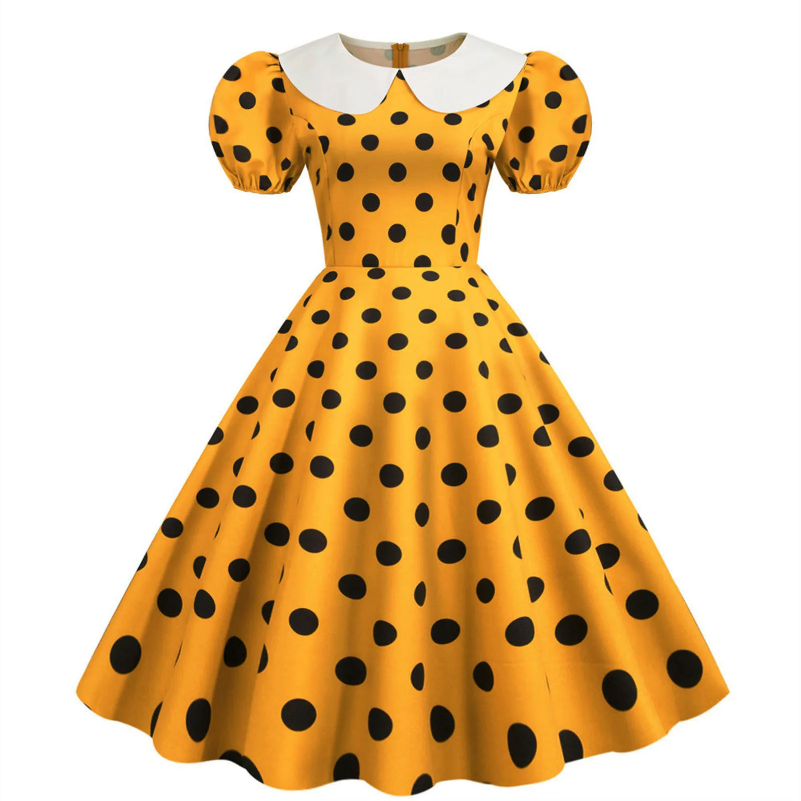 

Yellow Dress for Women Women Party Casual Dots Print Short Sleeve 1950s Housewife Evening Women Dinner Dress Cosplay Women Dress