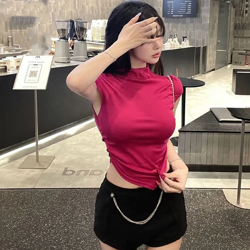 

Korean Fashion O Neck Ribber T Shirt for Women Summer Ladies Clothing Solid Slim Skinny Sexy Cropped Short Sleeve Goth Tops 2023