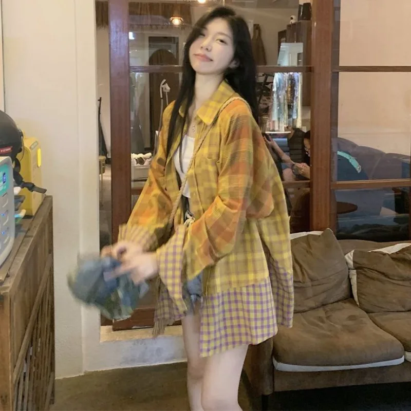 Плюс размер корейская клетчатая рубашка с вышивкой повседневная модная куртка