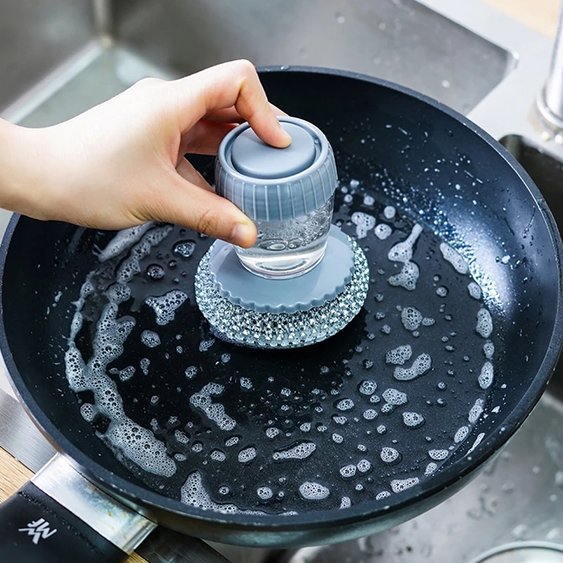 

New Press-type Automatic Liquid Injection Pot Brush Kitchen Household Stove The Brush Head Cleaning Brush Steel Ball Accessories