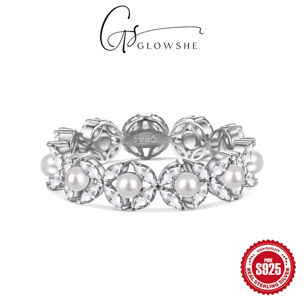 Glowshe Стерлингового Серебра 925 пробы 5А Циркон Жемчуг Цветок Кольцо Банкет