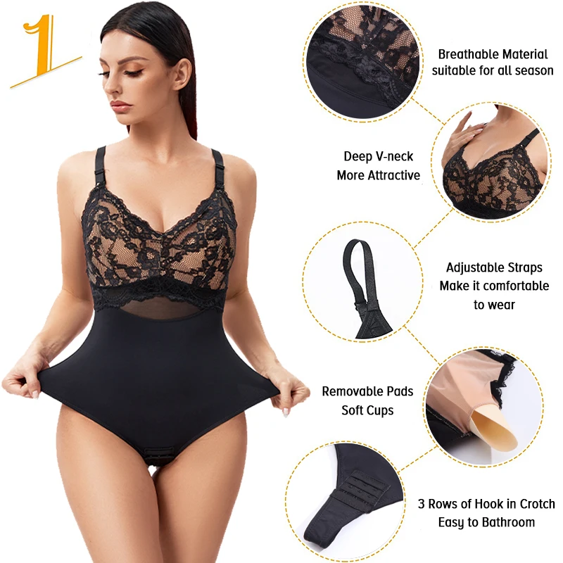 Women Lace Thong Bodysuit V-Neck Full Body Shaper Tummy Control Slimming Shapewear Smooth Corset Padded Lingerie Butt Lifter