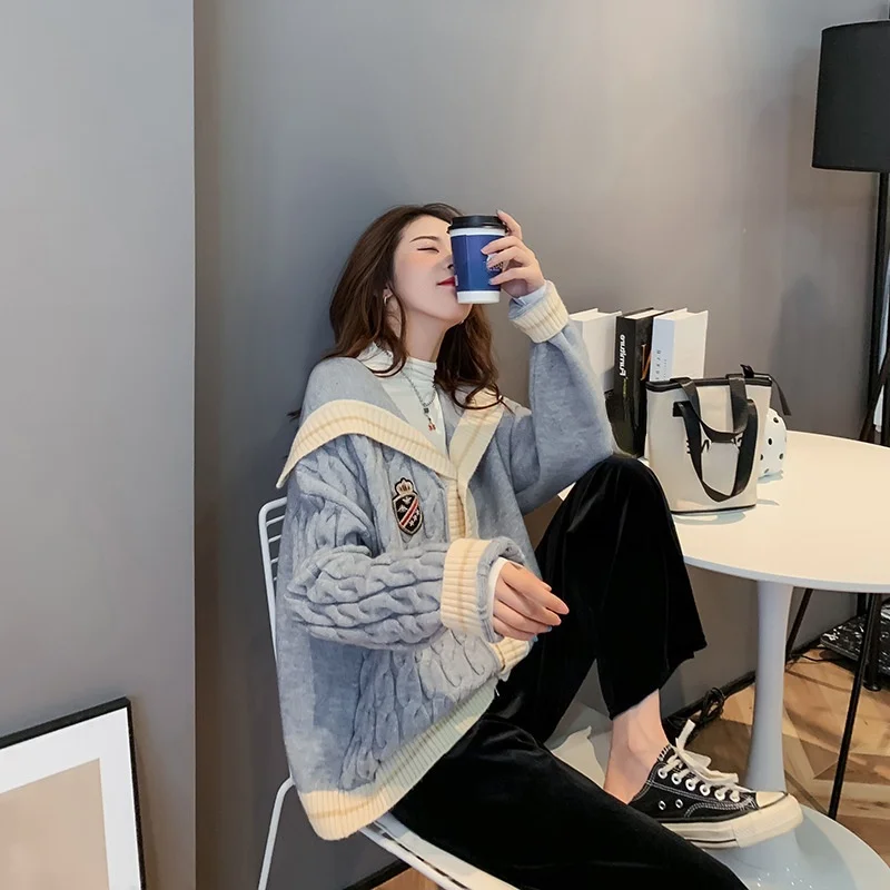 

Женский вязаный кардиган в стиле ретро, Свободный кардиган с длинным рукавом, с матросским отворотом, Осень-зима