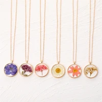 gold color dry flowers necklace for women girls resin eternal flowers round pendant necklace sweet wedding party jewelry gifts