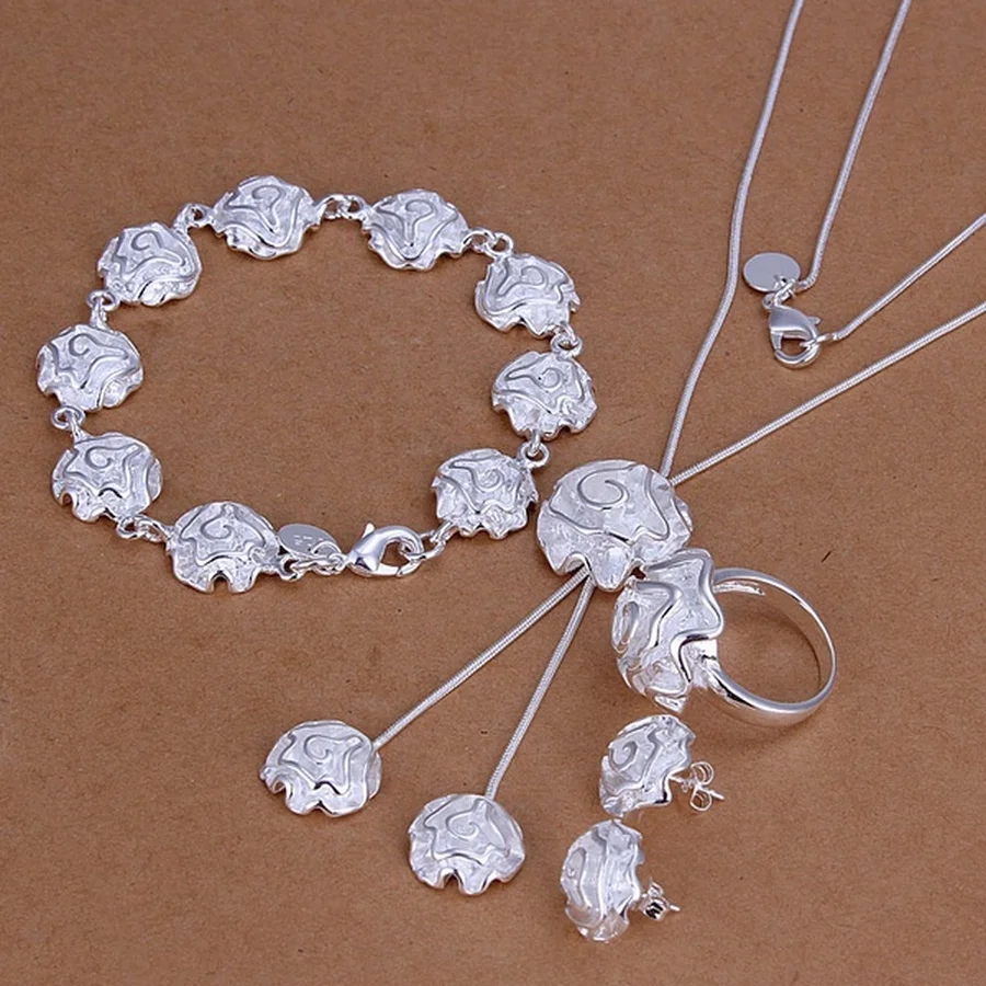 

Factory direct exquisite roses pendant necklaces bracelets Stud Earrings rings fashion women Silver color jewelry sets