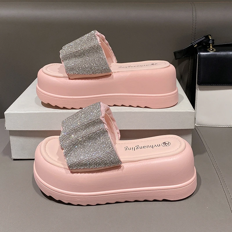 Women Luxury Rhinestone Wedges Slippers Summer Platform Thick Botttom Sandals Woman Bling PU Leather Anti-Slip Slide 7CM Slipper