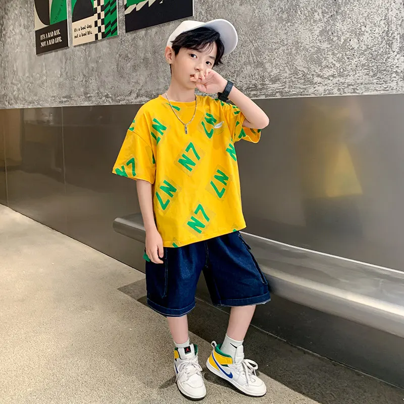 Teen Boys New Letter Clothing Sets Summer Cotton Casual 3 Color T-Shirts And Denim Shorts Cool Two-Pieces Children Outfits Suit
