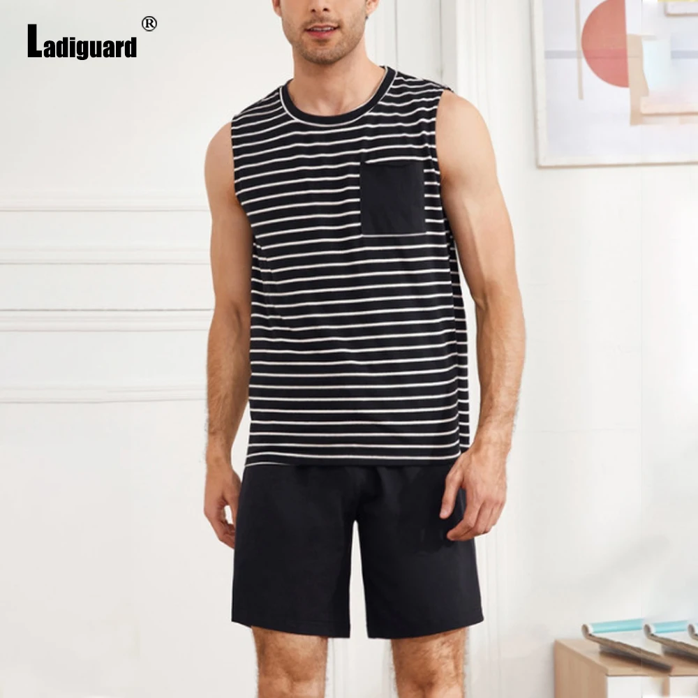 Ladiguard Sexy Mens Clothing 2022 Summer Model Stripes Men Sets Casual Sleeveless Vest Shorts Set Men Fashion Two Pieces Outfit