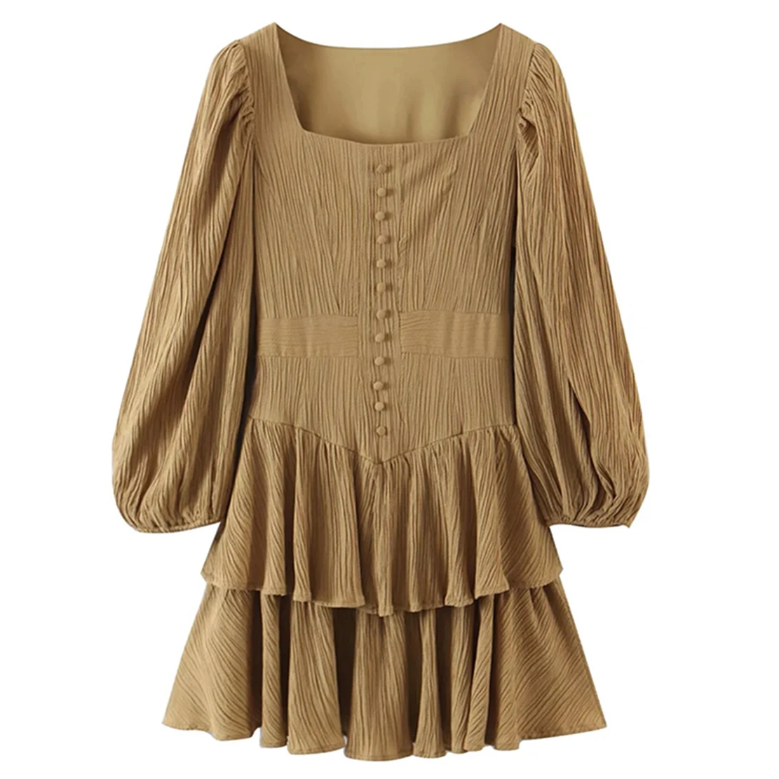 

Винтажное элегантное плиссированное платье-мини с рукавами-фонариками и воротником-стойкой