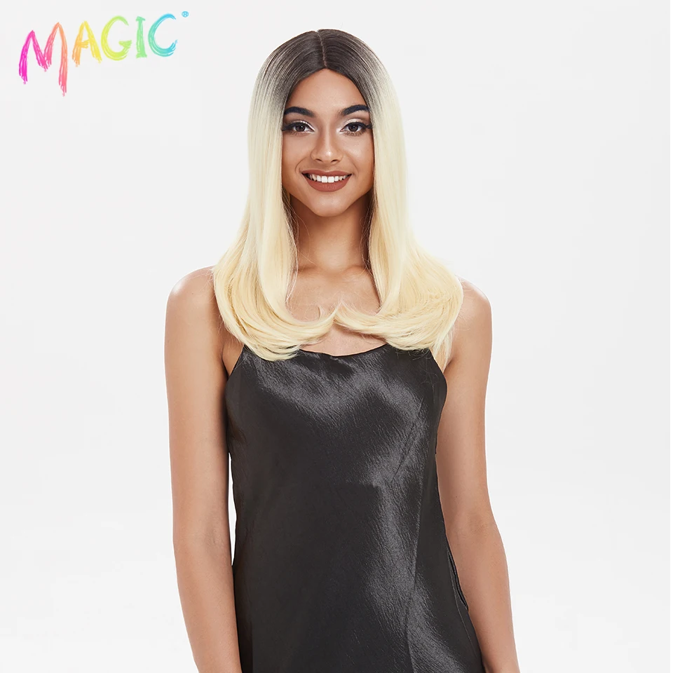 Pelucas sintéticas mágicas para mujer, pelo liso negro y Rubio de 18 pulgadas, Color Natural, resistente al calor, para Cosplay