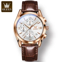 olevs 2872 pu strap sport men wristwatch quartz multifunctional three eye six hand waterproof watches for men luminous calendar