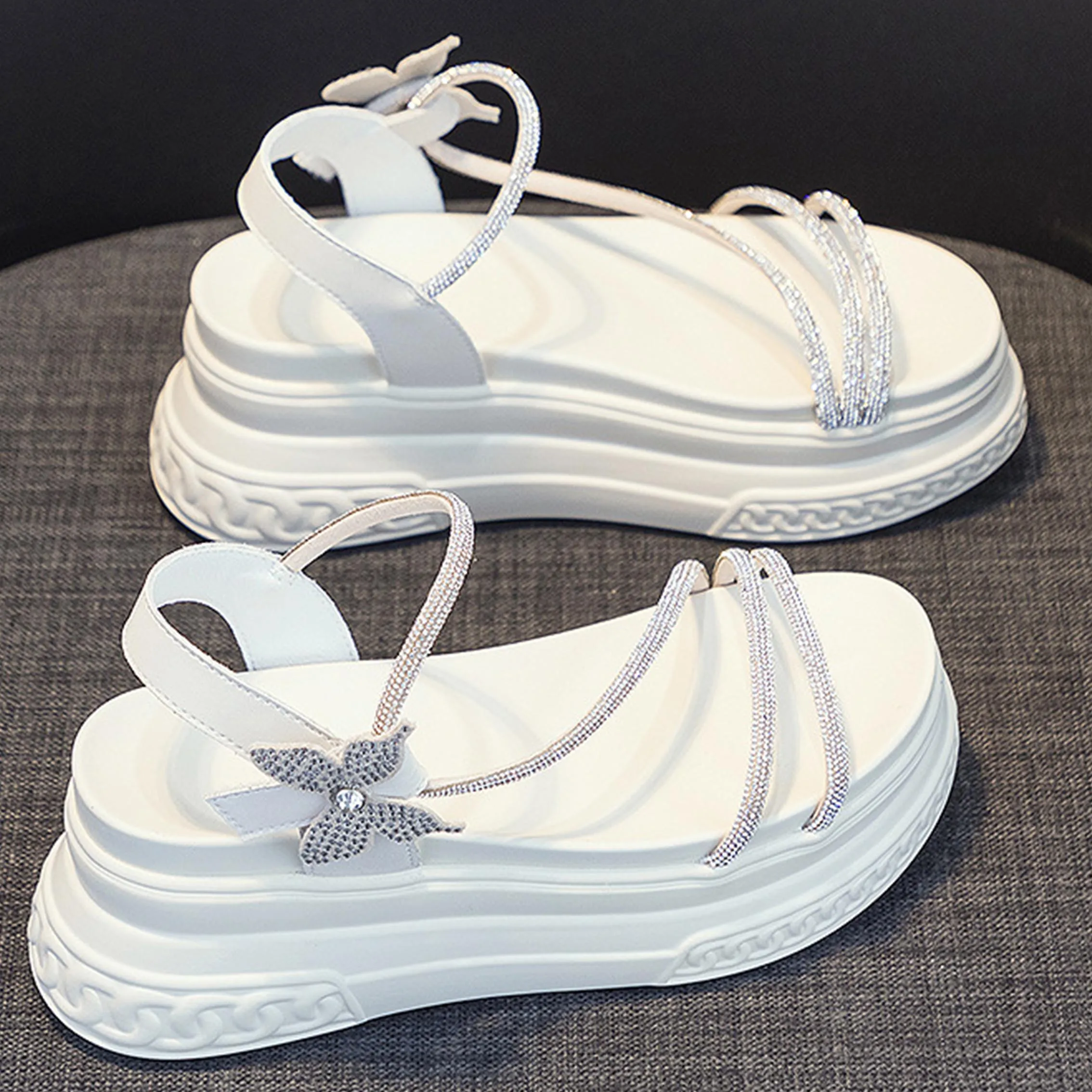 Bow Deco Rhinestones Design 7cm Platform Women Sandals Genuine Leather Women Hook&loop Slippers Ladies Wedge Chunky Shoes