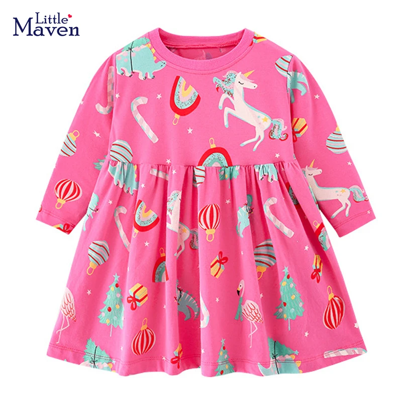 

Little maven 2022 Baby Girls Pretty Long Sleeves Dress Pink Unicorn Rainbow Children Lovely Casual Clothes for Kids 2-7 year