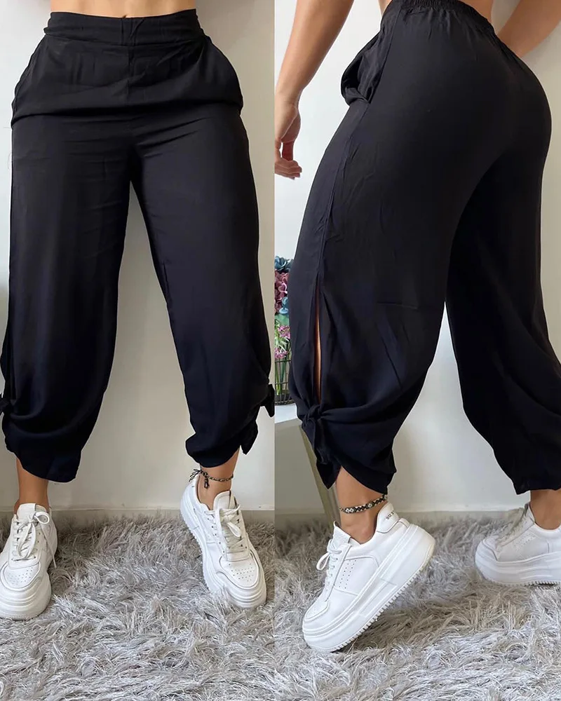 Tied Detail Cropped Pants Women Loose Ankle Length Summer Spring Pants Trousers Solid Color Elastic