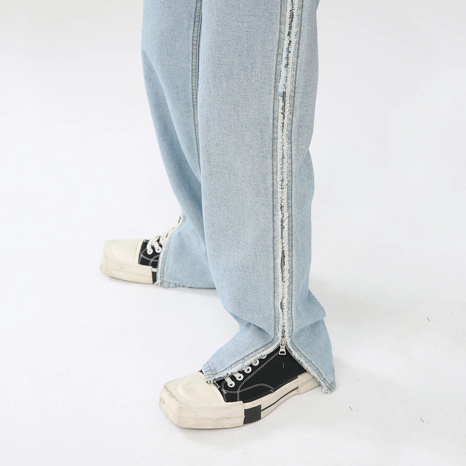 Jeans Men Four Seasons Blue Straight Trend Jeans Reverse Design Loose Casual Zipper Slit Trousers Y2k Aesthetic Pants Men Jeans