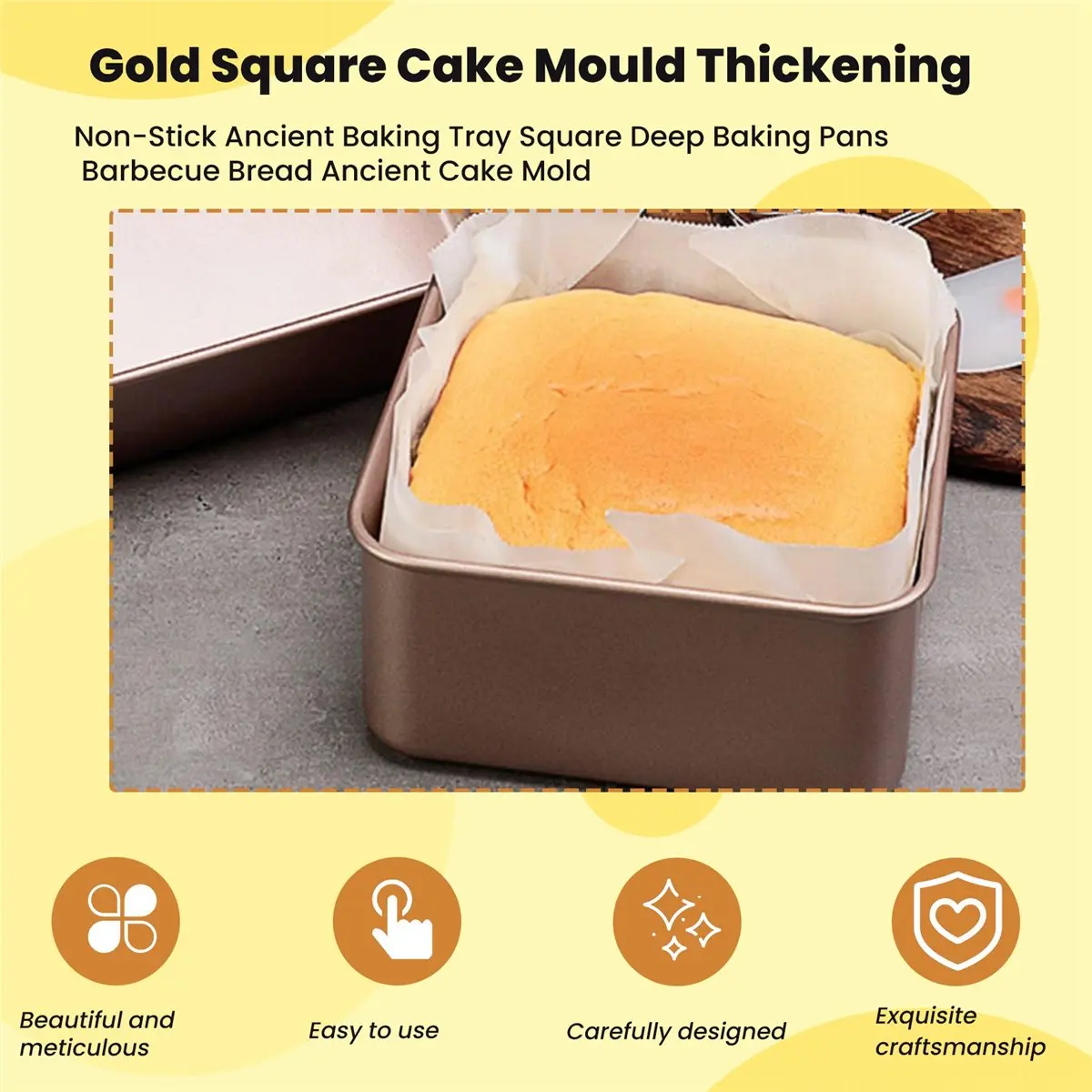 Квадратная форма для выпечки Gold Square Cake Mould, утолщенная, антипригарная, глубокая, для традиционной выпечки, для барбекю, хлеба, традиционных десертов (art.: 3920db932e9fa) - 3920db932e9fa