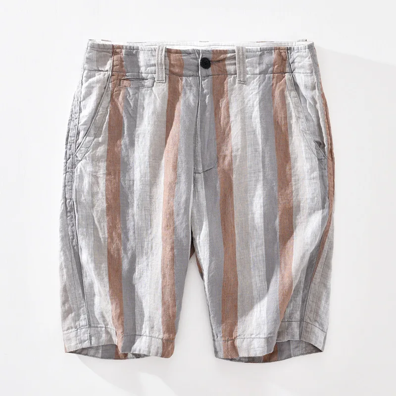 

Pure Linen Striped Shorts for Men Summer New Lightweight Beach Straight Loose Casual Button Up Short Pants