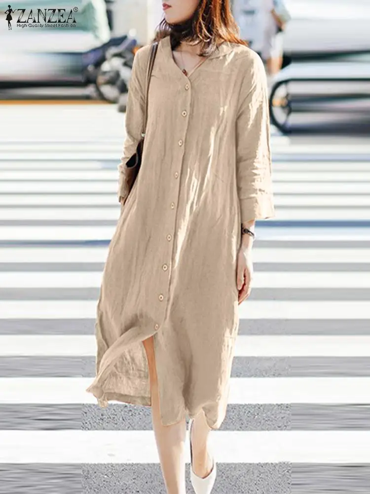 

ZANZEA Stylish Elegant Dress Oversize Pure Cotton Dresses Female Casual Vestidos V-Neck Solid Color Button Midi Sundress 2023