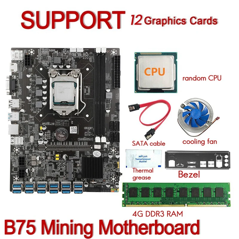 

B75 USB-BTC Mining Motherboard CPU+Cooling Fan+4G DDR3 Memory+SATA Cable+Thermal Grease+Bezel LGA1155 DDR3 MSATA VGA ETH