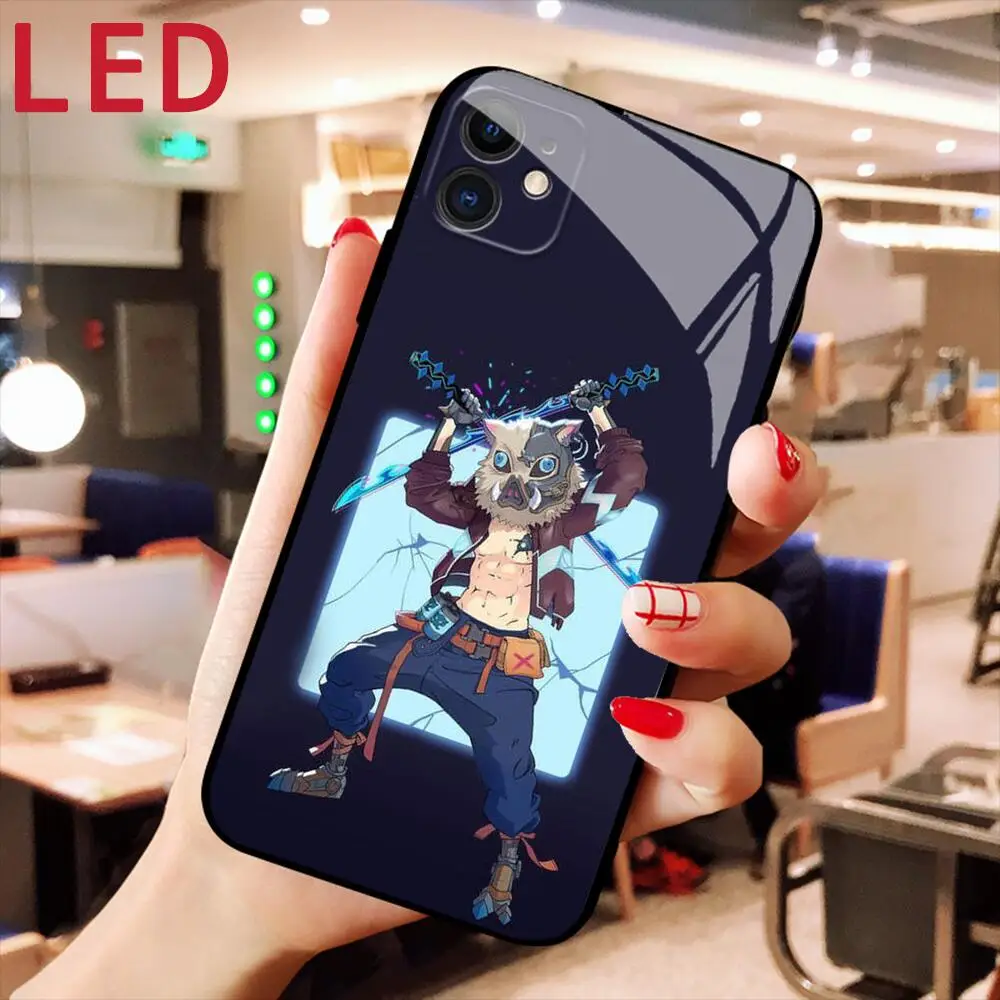 

Demon Slayer Luminous Tempered Glass phone case For Apple iphone 14 13 12 11 Pro Max XS mini XR Light Flash LED Backlight cover
