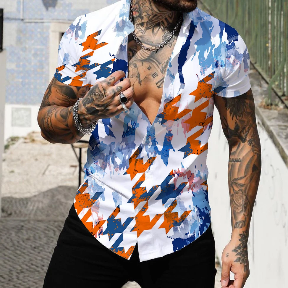 Camisa hawaiana de manga corta para hombre, ropa de calle con estampado 3d de retales a rayas, Tops de solapa para playa, 2022