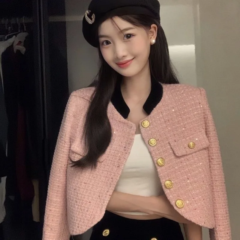 

Luxury Women's Tweed Cropped Jackets Elegant Pink Single-Breasted Short Coat Ladies Korean Fashion Slim Small Fragrant Outwear