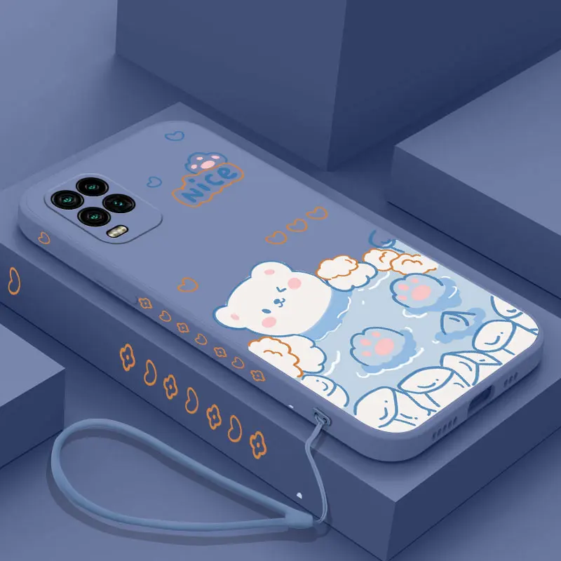 

Bath Bear Phone Case For Xiaomi Mi CC9 12 12X 11 11T 8 9 9T 10 10T Pro Lite Ultra SE CC9e 5G Liquid Silicone Cover with Strap